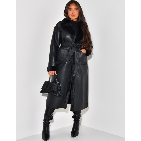   Long coat in imitation leather with fleece lining