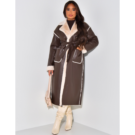   Long coat in imitation leather with fleece lining