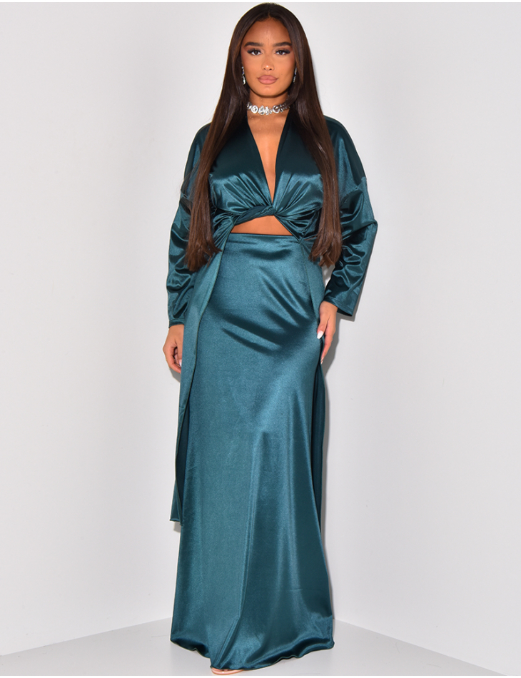   Long skirt and satin wrap-around blouse set