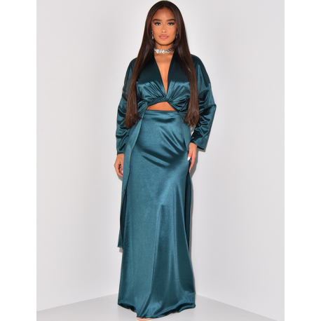   Long skirt and satin wrap-around blouse set