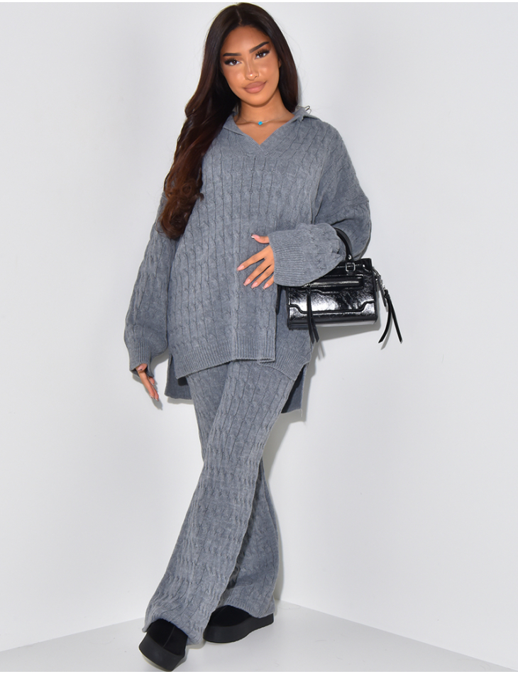 Ensemble pull oversize & pantalon en maille tressée