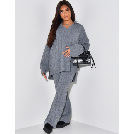 Ensemble pull oversize & pantalon en maille tressée