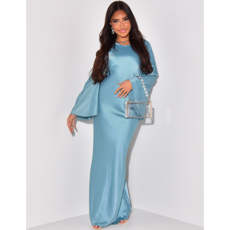   Long satin dress with flared sleeves