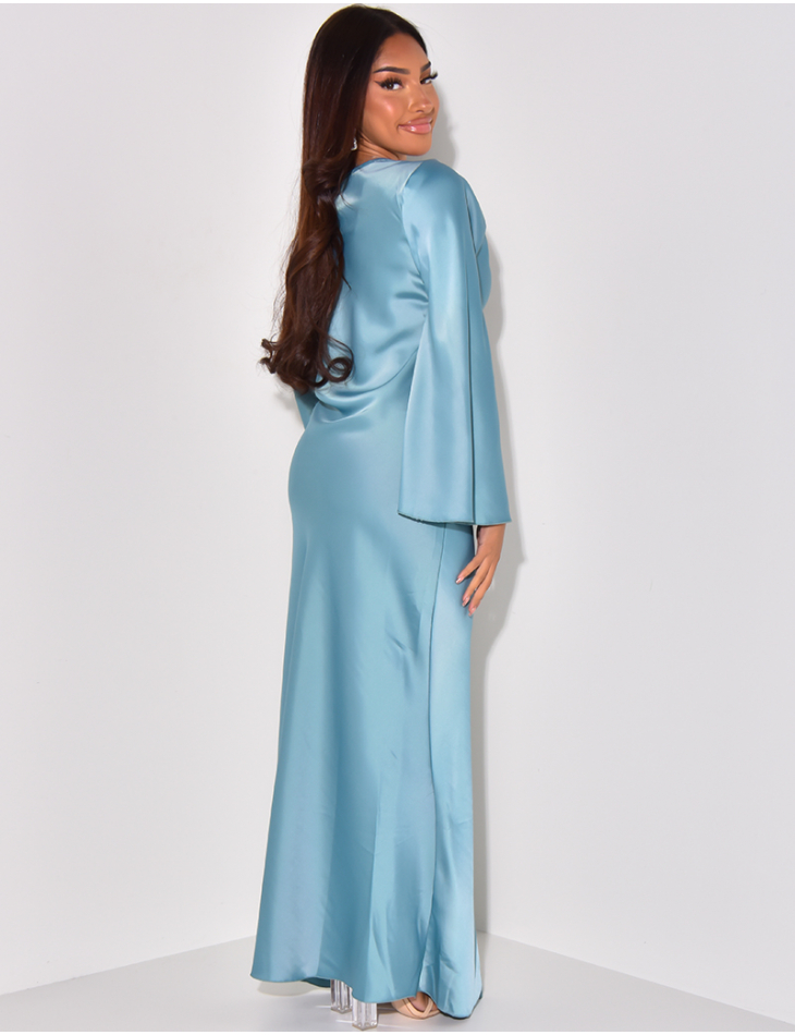 Long satin dress with flared sleeves