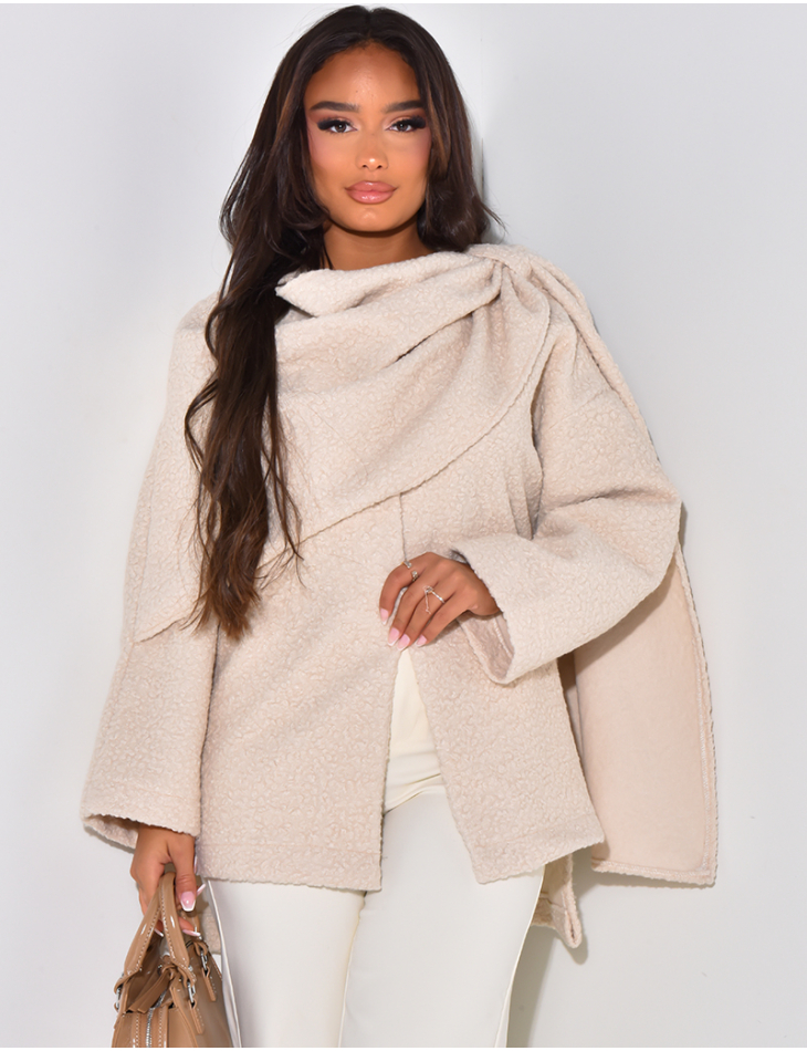   Loose-fitting curly wool scarf-effect cape