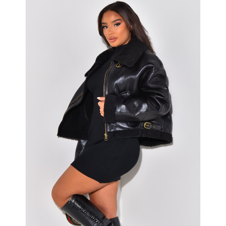 Oversized shearling bomber jacket