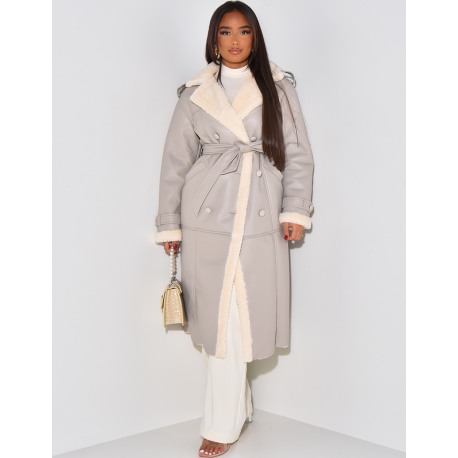 Faux leather coat with tie fastening