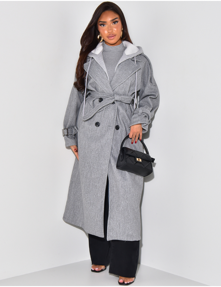 Long felt coat with fleece hood