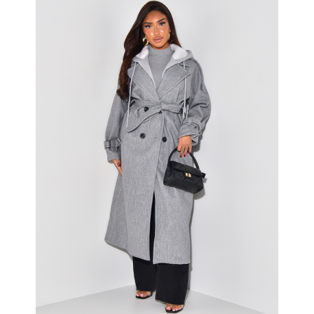 Long felt coat with fleece hood