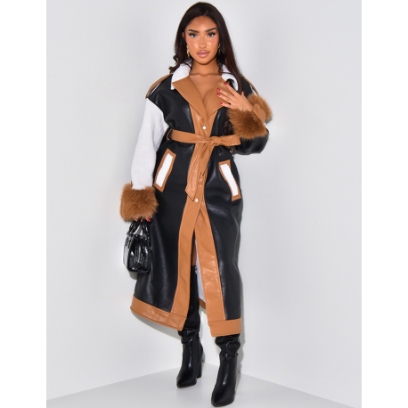 Long coat in faux leather with fur tie