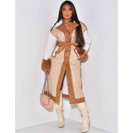 Long coat in faux leather with fur tie