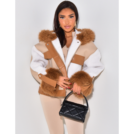   Faux leather jacket with fur and patchwork inserts