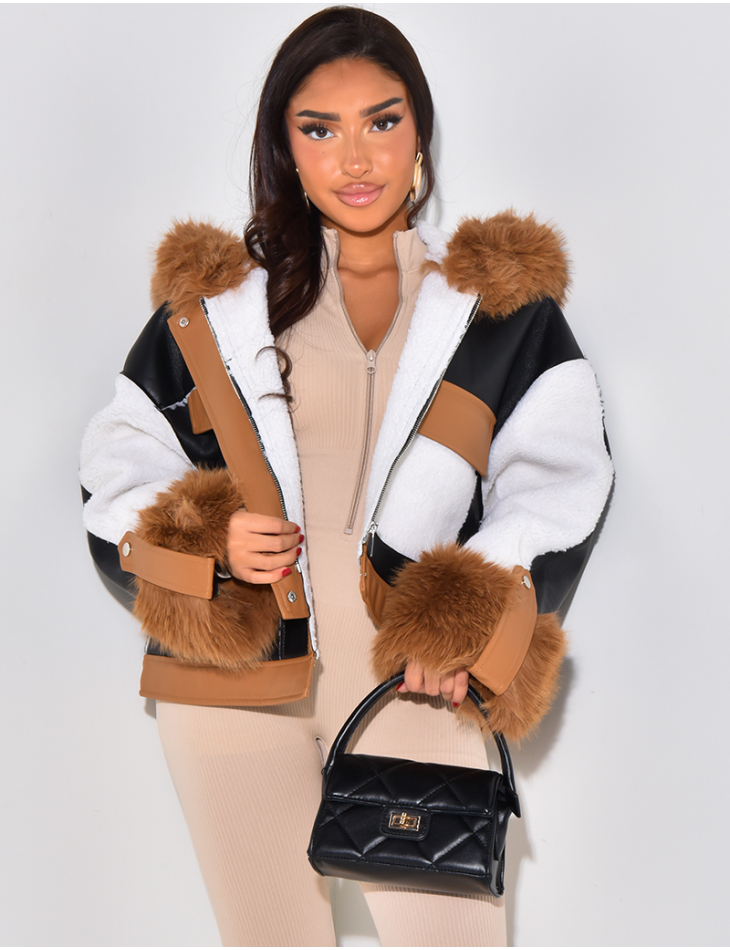   Faux leather jacket with fur and patchwork inserts