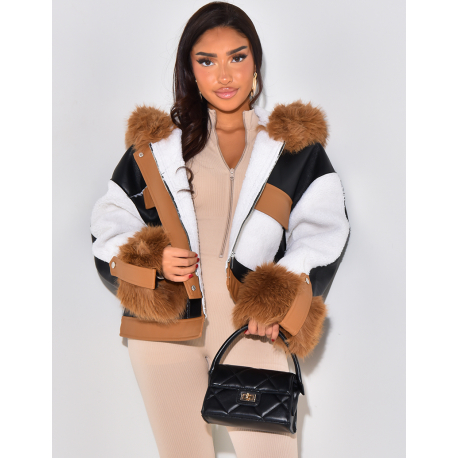   Faux leather jacket with fur and patchwork inserts