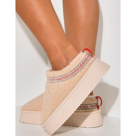   Embroidered sheepskin wedge slippers