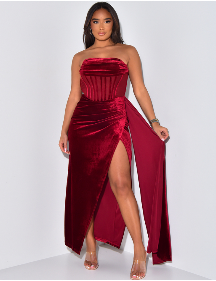 Premium corset-effect velvet strapless dress