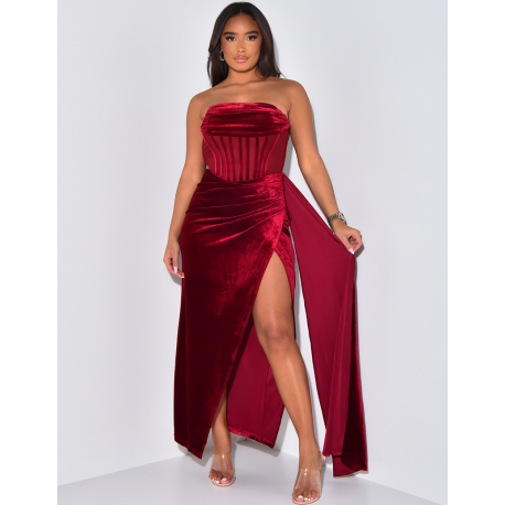 Premium corset-effect velvet strapless dress