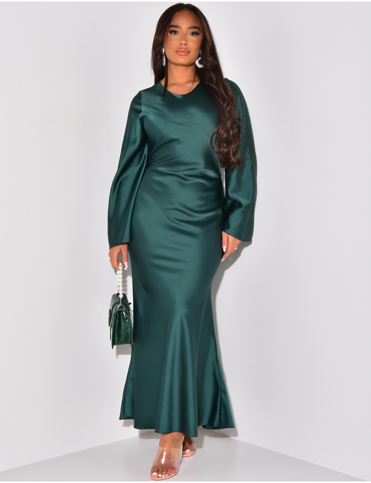   Satin maxi dress with back tie, flared sleeves