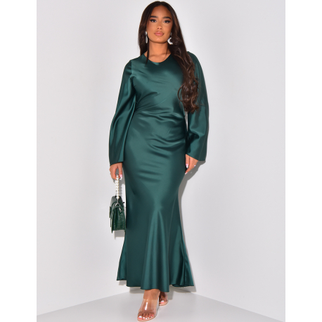   Satin maxi dress with back tie, flared sleeves