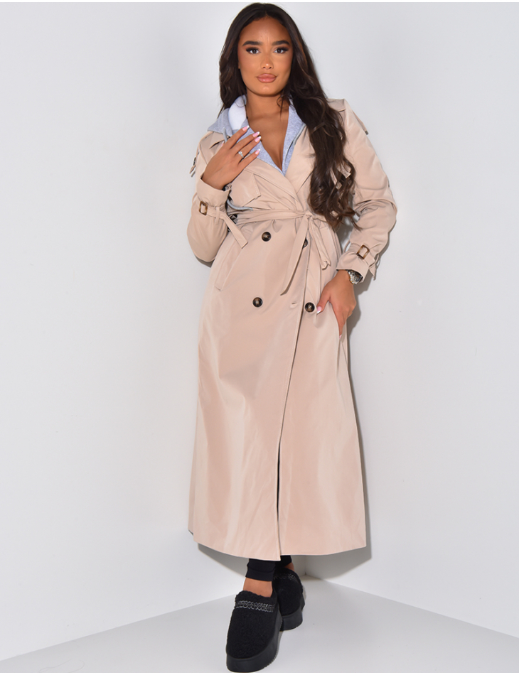 Long trench coat with fleece hood