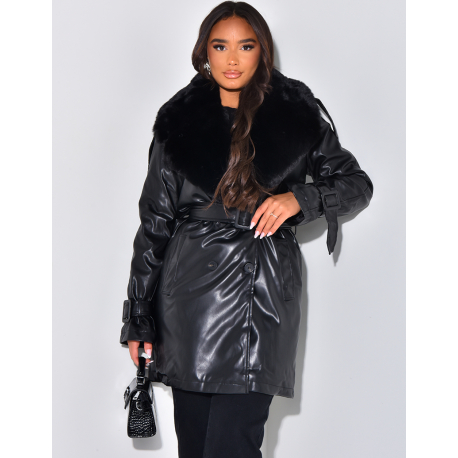 Mid-length jacket in faux leather with fur collar