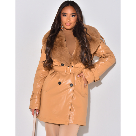 Mid-length jacket in faux leather with fur collar