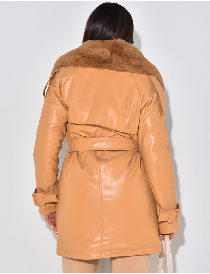 Mid length jacket in faux leather with fur collar