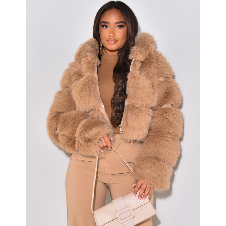 Short hooded jacket in premium faux fur