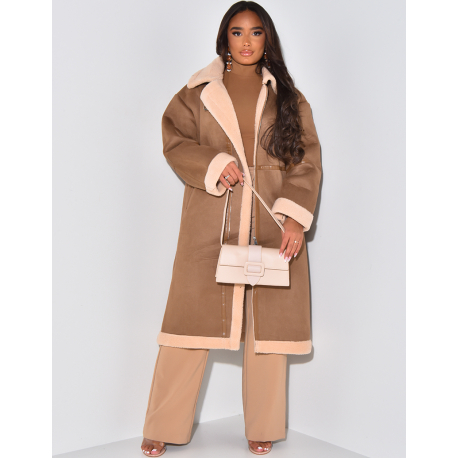 Long suedette aviator coat with sheepskin lining