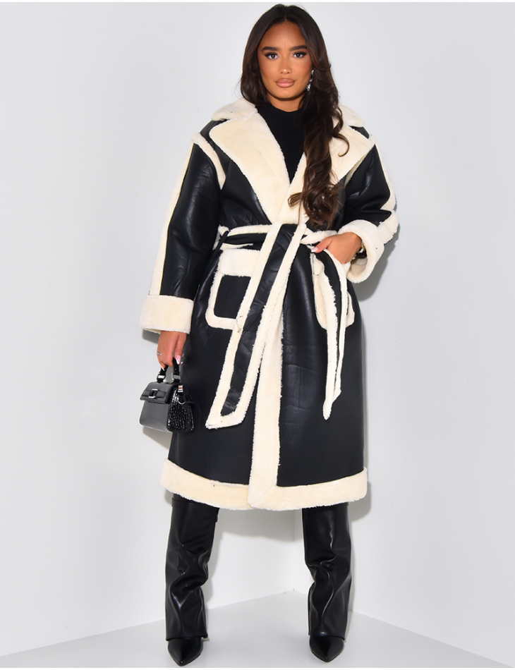 Long sheepskin coat with tie fastening