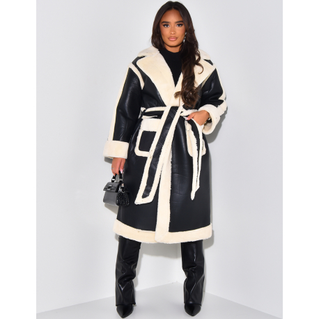 Long sheepskin coat with tie fastening