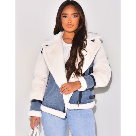  Oversize-Fliegerjacke aus Jeans mit Pelzbesatz.