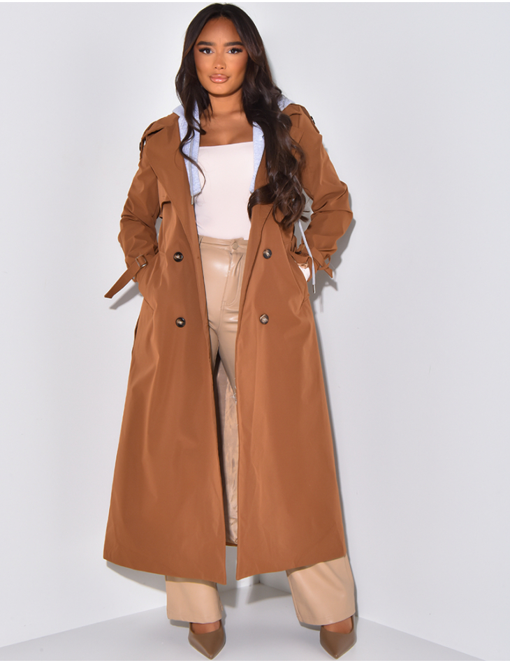 Long trench coat with fleece hood