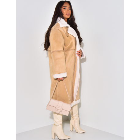 Long suedette aviator coat with sheepskin lining