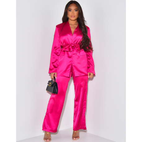 Tie-dye satin trousers and suit jacket set