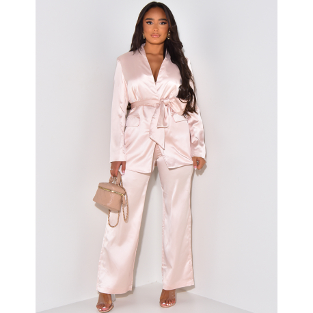 Tie-dye satin trousers and suit jacket set