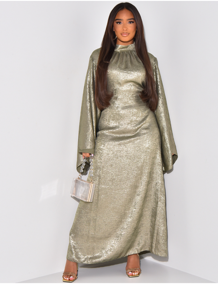 Abaya in metallic fabric with tie & flared sleeves