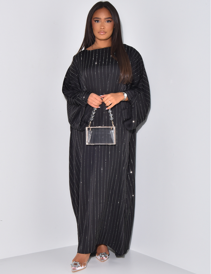 Loose-fitting satin abaya dress with rhinestones