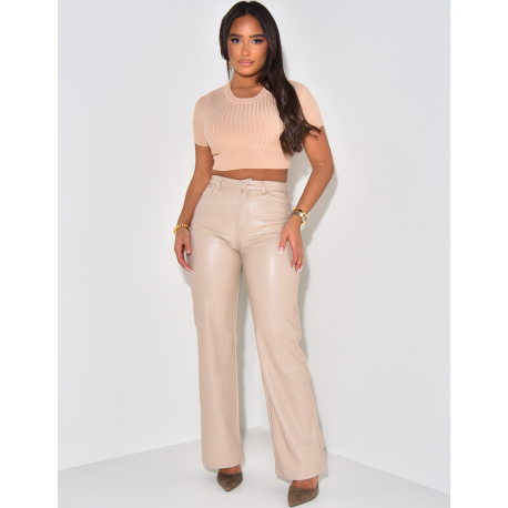 Pantalon taille haute coupe droite en cuir vegan