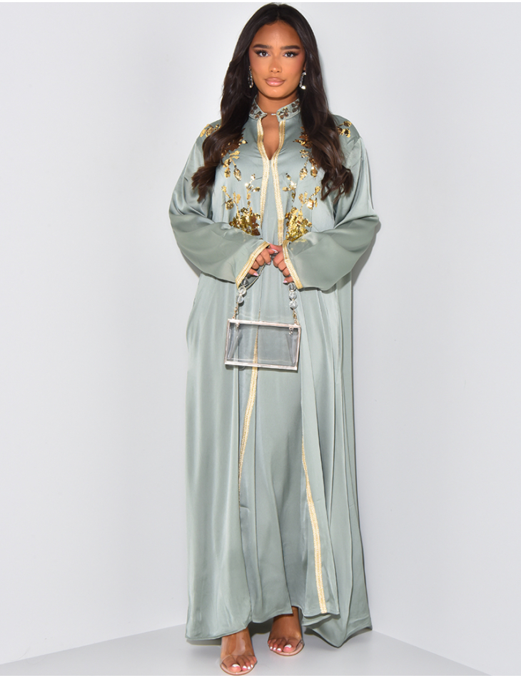 Satin abaya with embroidered sequins & gilding