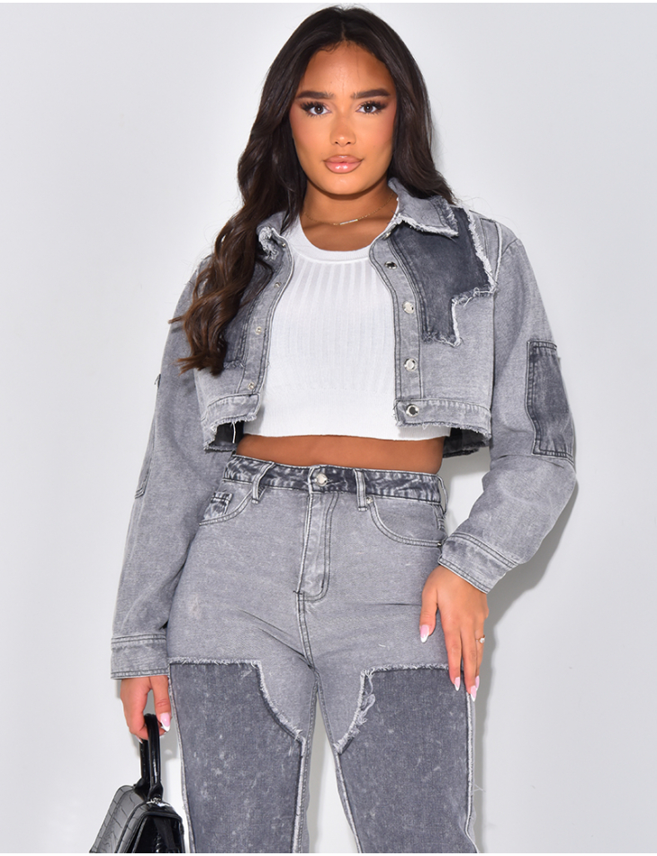 Washed-effect denim cropped jacket with contrasting inserts