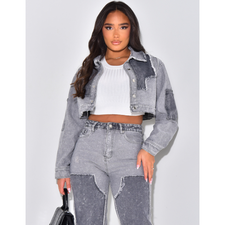 Washed-effect denim cropped jacket with contrasting inserts