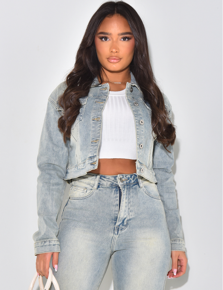 Short denim jacket with vintage wash