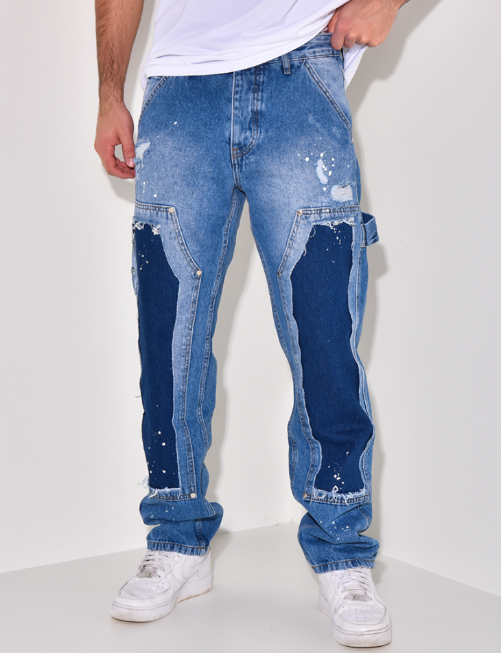 Jeans destroy à empiècements et tâches de peinture