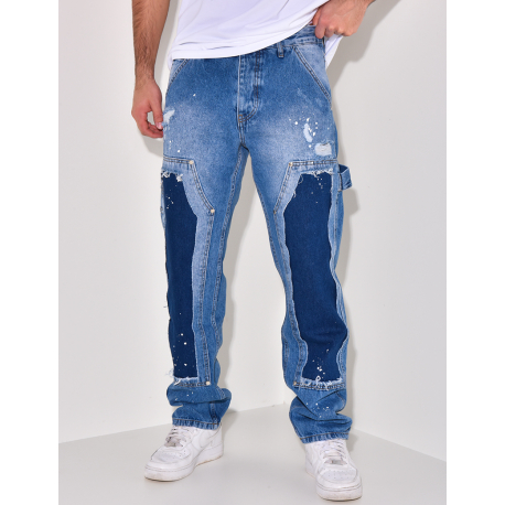 Jeans destroy à empiècements et tâches de peinture