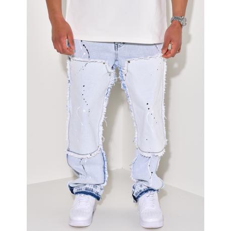 Jeans à empiècements effet déchiré et tâches de peinture