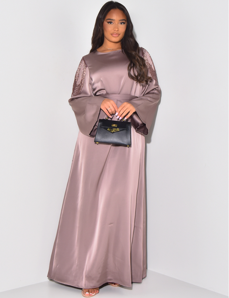 Satin abaya dress to tie with small pearls on the shoulders