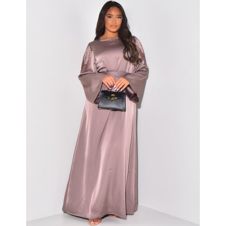 Satin abaya dress to tie with small pearls on the shoulders