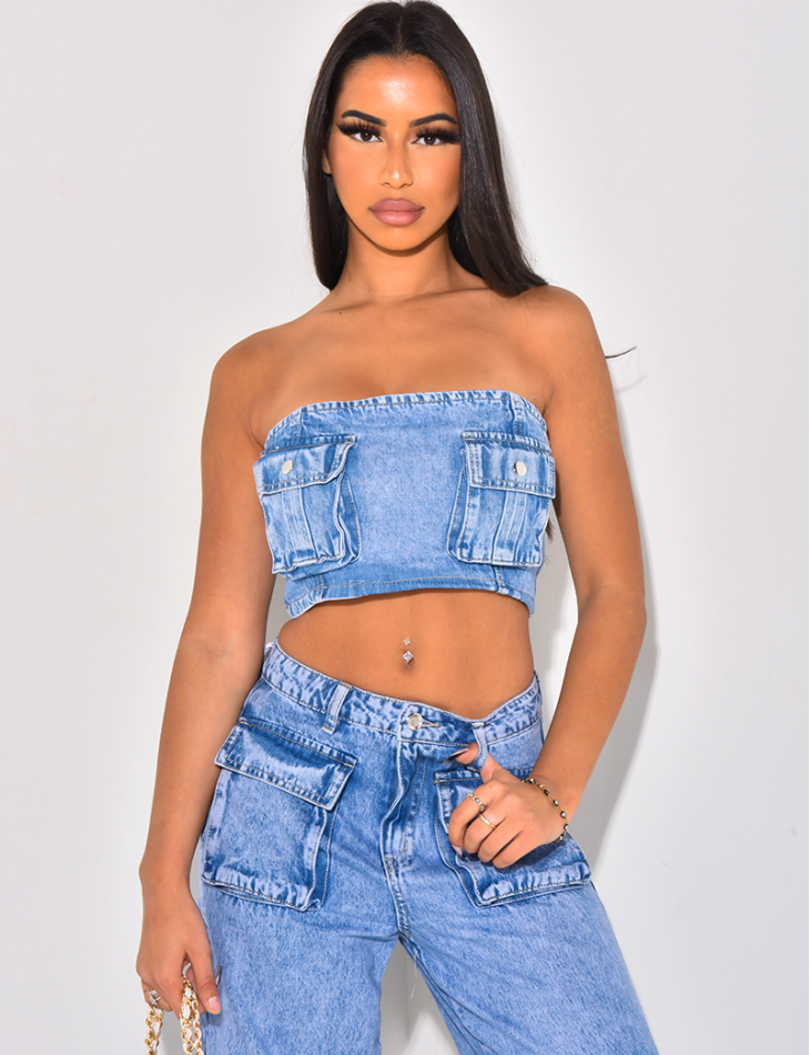 Crop top bustier en jeans a poches cargo