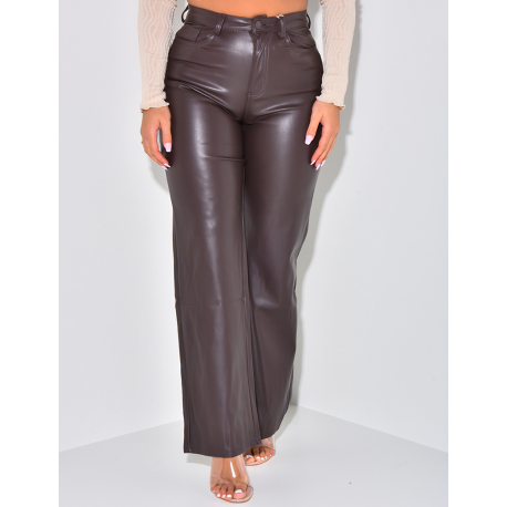 Pantalon taille haute coupe droite en cuir vegan